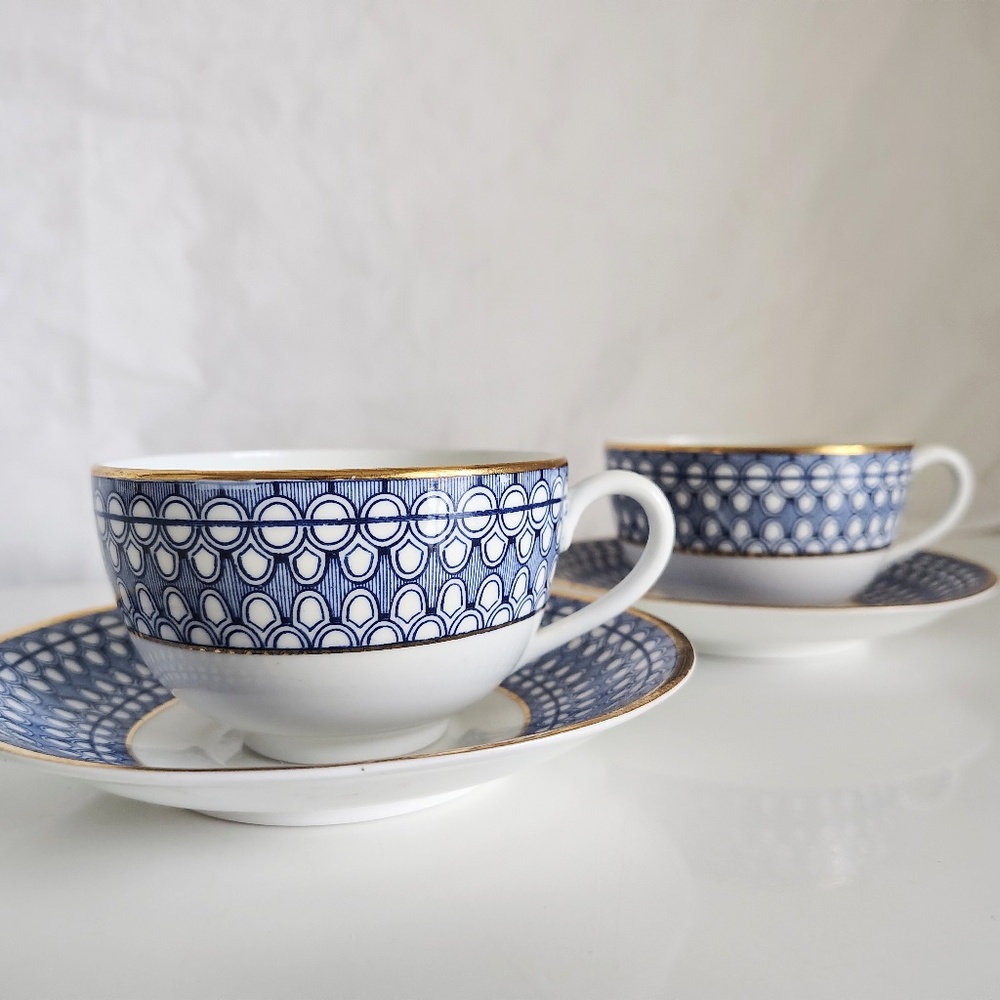 Rorstrand Sweden Teacups and Saucers Cobalt Blue and White Gold Rim 10033 RARE